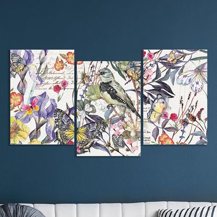 Full Frame 3 Parçalı Ahşap Poster - Basamaklı Yerleşim - Kuş ve Kelebekler (FF-BY056)