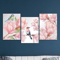 Full Frame 3 Parçalı Ahşap Poster - Basamaklı Yerleşim - Kuşlar ve Manolyalar (FF-BY050)