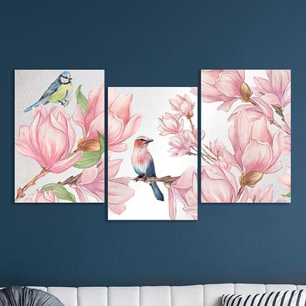 Full Frame 3 Parçalı Ahşap Poster - Basamaklı Yerleşim - Kuşlar ve Manolyalar (FF-BY050)