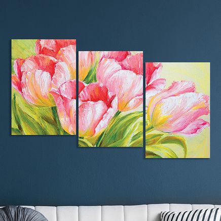 Full Frame 3 Parçalı Ahşap Poster - Basamaklı Yerleşim - Pembe Laleler (FF-BY046)