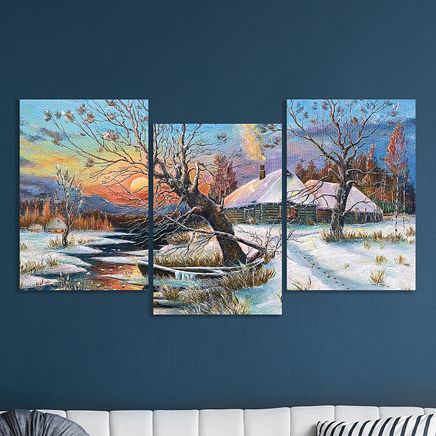 Full Frame 3 Parçalı Ahşap Poster - Basamaklı Yerleşim - Kış ve Köy (FF-BY040)