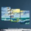 Full Frame 3 Parçalı Ahşap Poster - Basamaklı Yerleşim - Yelkenli ve Deniz (FF-BY038)