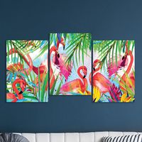 Full Frame 3 Parçalı Ahşap Poster - Basamaklı Yerleşim - Pembe Flamingolar (FF-BY036)