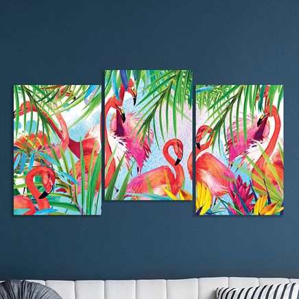 Full Frame 3 Parçalı Ahşap Poster - Basamaklı Yerleşim - Pembe Flamingolar (FF-BY036)