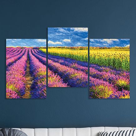 Full Frame 3 Parçalı Ahşap Poster - Basamaklı Yerleşim - Lavanta ve Ayçiçek Tarlası (FF-BY026)