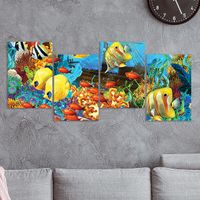 Full Frame 4 Parçalı Ahşap Poster - Basamaklı Yerleşim - Batık ve Tropikal Balıklar (FF-BY074)