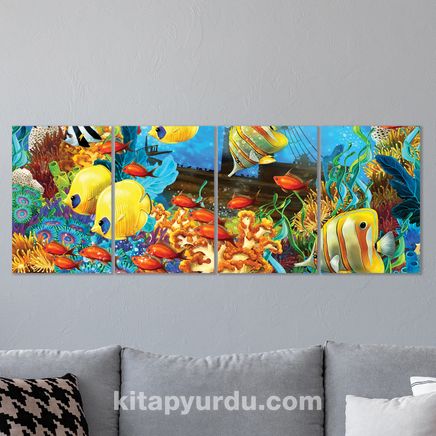 Full Frame 4 Parçalı Ahşap Poster - Hizalı Yerleşim -  Batık ve Tropikal Balıklar (FF-HY073)