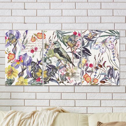 Full Frame 3 Parçalı Ahşap Poster - Hizalı Yerleşim - Kuş ve Kelebekler (FF-HY055)