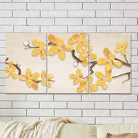 Full Frame 3 Parçalı Ahşap Poster - Hizalı Yerleşim - Sar Çiçekli Ağaç (FF-HY051)