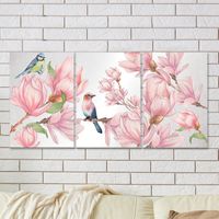 Full Frame 3 Parçalı Ahşap Poster - Hizalı Yerleşim - Kuşlar ve Manolyalar (FF-HY049)