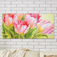 Full Frame 3 Parçalı Ahşap Poster - Hizalı Yerleşim - Pembe Laleler (FF-HY045)