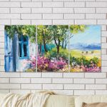 Full Frame 3 Parçalı Ahşap Poster - Hizalı Yerleşim - Mavi Pencere (FF-HY043)