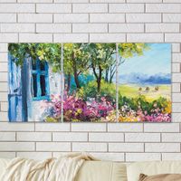 Full Frame 3 Parçalı Ahşap Poster - Hizalı Yerleşim - Mavi Pencere (FF-HY043)