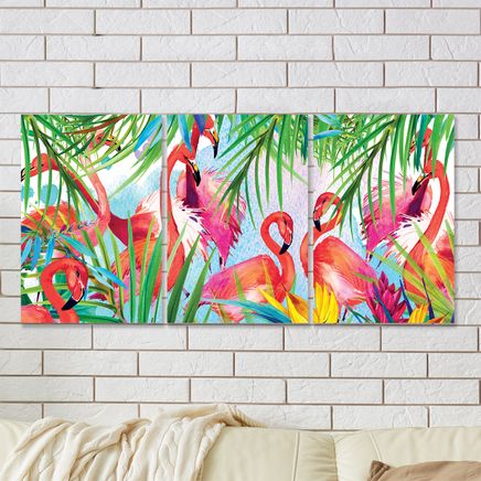 Full Frame 3 Parçalı Ahşap Poster - Hizalı Yerleşim - Pembe Flamingolar (FF-HY035)