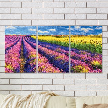 Full Frame 3 Parçalı Ahşap Poster - Hizalı Yerleşim - Lavanta ve Ayçiçek Tarlası (FF-HY025)