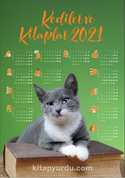 2021 Takvimli Poster - Kediler ve Kitaplar - Yesil