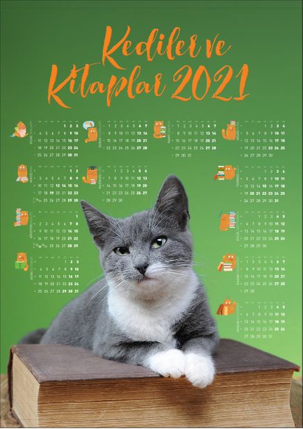2021 Takvimli Poster - Kediler ve Kitaplar - Yesil