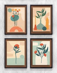 Full Frame Duvar Sanatları - Pastel Renkli Çiçekler - Dörtlü Set (FF-DS002)