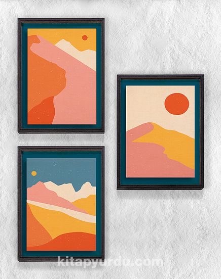 Full Frame Duvar Sanatları - Minimalist Soyut Manzara Turuncu Dağlar - Üçlü Set (FF-DS011)