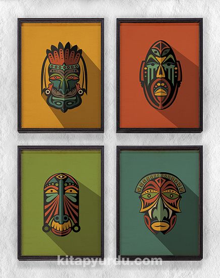Full Frame Duvar Sanatları - AfrikaObje - Etnik Kabile Maskeleri - Dörtlü Set (FF-DS012)