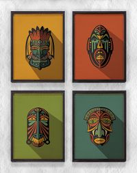 Full Frame Duvar Sanatları - AfrikaObje - Etnik Kabile Maskeleri - Dörtlü Set (FF-DS012)