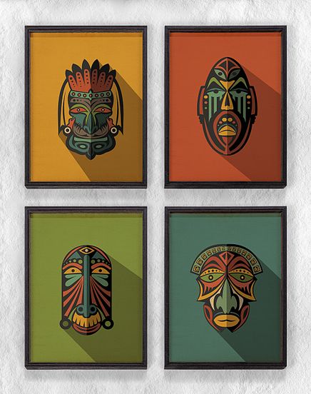 Full Frame Duvar Sanatları - AfrikaObje - Etnik Kabile Maskeleri - Dörtlü Set (FF-DS012)