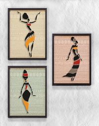 Full Frame Duvar Sanatları - AfrikaObje - Dans Eden Kadınlar - Üçlü Set (FF-DS013)