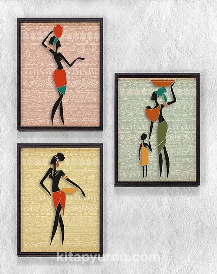 Full Frame Duvar Sanatları - AfrikaObje - Çalışan Kadınlar - Üçlü Set (FF-DS015)