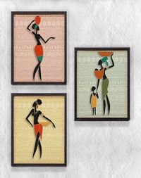 Full Frame Duvar Sanatları - AfrikaObje - Çalışan Kadınlar - Üçlü Set (FF-DS015)