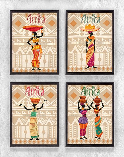 Full Frame Duvar Sanatları - AfrikaObje - Etnik Elbiseli Kadınlar - Dörtlü Set (FF-DS017)
