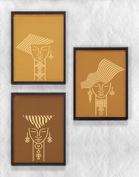 Full Frame Duvar Sanatları - AfrikaObje - Afrikalı Kadın Vektör Semboller - Üçlü Set (FF-DS018)