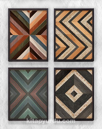 Full Frame Duvar Sanatları - Ahşap Desenler - Geometrik Simetri Z - Dörtlü Set (FF-DS021)