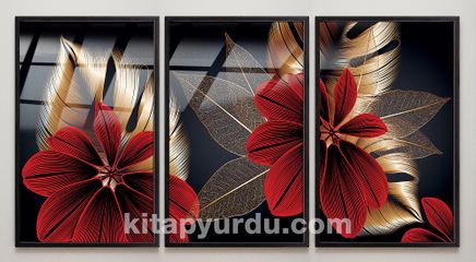 Full Frame Duvar Sanatları - VitrayObje Küçük DD - Monstera Kırmızılı Altın - Üçlü Set (FF-DSC073)