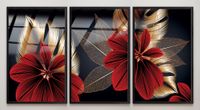 Full Frame Duvar Sanatları - VitrayObje Küçük DD - Monstera Kırmızılı Altın - Üçlü Set (FF-DSC073)