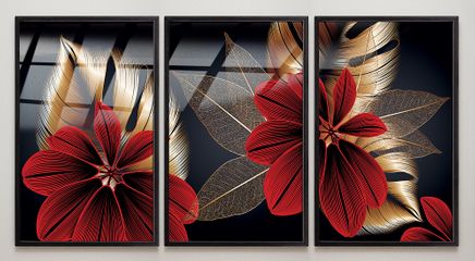 Full Frame Duvar Sanatları - VitrayObje Küçük DD - Monstera Kırmızılı Altın - Üçlü Set (FF-DSC073)