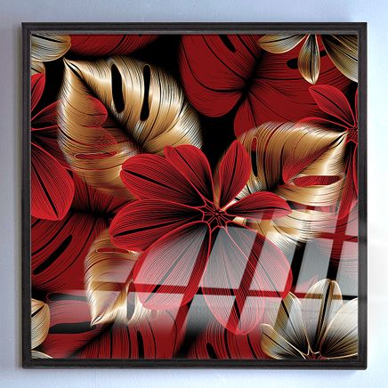  Full Frame Duvar Sanatları - VitrayObje Kare - Monstera Kırmızılı Altın (FF-DSC125)