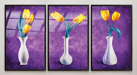 Full Frame Duvar Sanatları - VitrayObje Küçük DD - Vazoda Sarı Laleler - Üçlü Set (FF-DSC127)