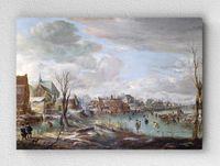 Full Frame pratiCanvas Tablo - Aert van der Neer - A Frozen River near a Village, with Golfers and Skaters (FF-PCŞ193)