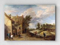 Full Frame pratiCanvas Tablo - David Teniers the Younger - Peasants playing Bowls outside a Village Inn (FF-PCŞ211)