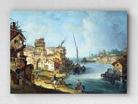 Full Frame pratiCanvas Tablo - Michele Marieschi - Buildings and Figures near a River with Shipping (FF-PCŞ283)