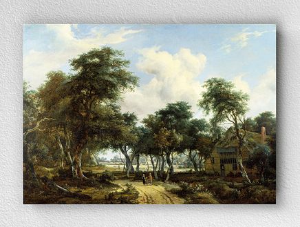 Full Frame pratiCanvas Tablo - Meindert Hobbema - A Woody Landscape with a Cottage (FF-PCŞ278)