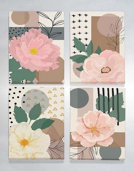 Full Frame Duvar Sanatları - CanvasWall DD - Güller Desenli - Dörtlü Set (FF-W128)