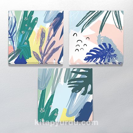 Full Frame Duvar Sanatları - CanvasWall Kare - Pastel Tropikal Desenler 2 - Üçlü Set (FF-W131)