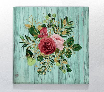 Full Frame Duvar Sanatları - CanvasWall Kare - Retro Yeşil Masada Gül Buketi (FF-W168)