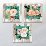 Full Frame Duvar Sanatları - CanvasWall Kare - Retro Masada Karışık Güller - Üçlü Set (FF-W179)