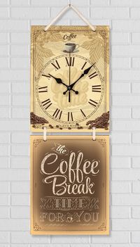 Full Frame Duvar Sanatları - Nostaljik Ahşap Duvar Saati -  Coffee Break  - İkili Set (FF-NS198)