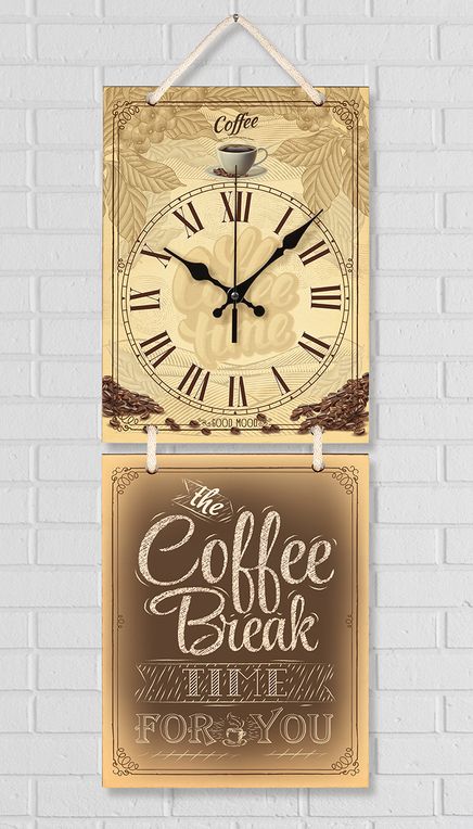Full Frame Duvar Sanatları - Nostaljik Ahşap Duvar Saati -  Coffee Break  - İkili Set (FF-NS198)