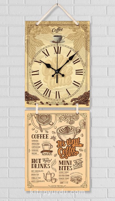 Full Frame Duvar Sanatları - Nostaljik Ahşap Duvar Saati - Its Time For Coffee  - İkili Set (FF-NS197)