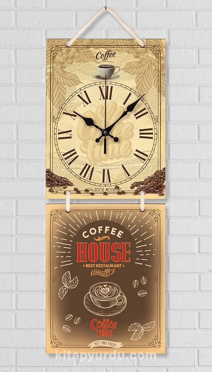 Full Frame Duvar Sanatları - Nostaljik Ahşap Duvar Saati - Coffee House  - İkili Set (FF-NS196)