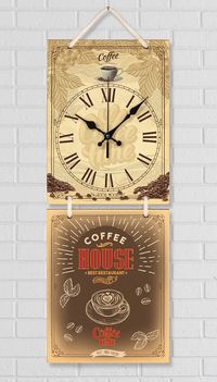 Full Frame Duvar Sanatları - Nostaljik Ahşap Duvar Saati - Coffee House  - İkili Set (FF-NS196)
